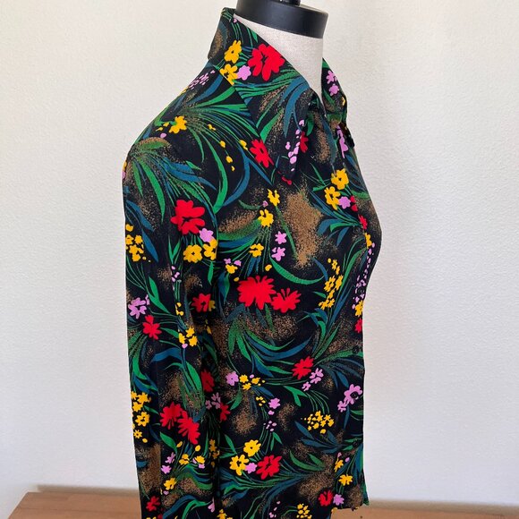 70's Tarvi Black Floral Print Blouse - SIze Small/Mediu - Picture 5 of 8